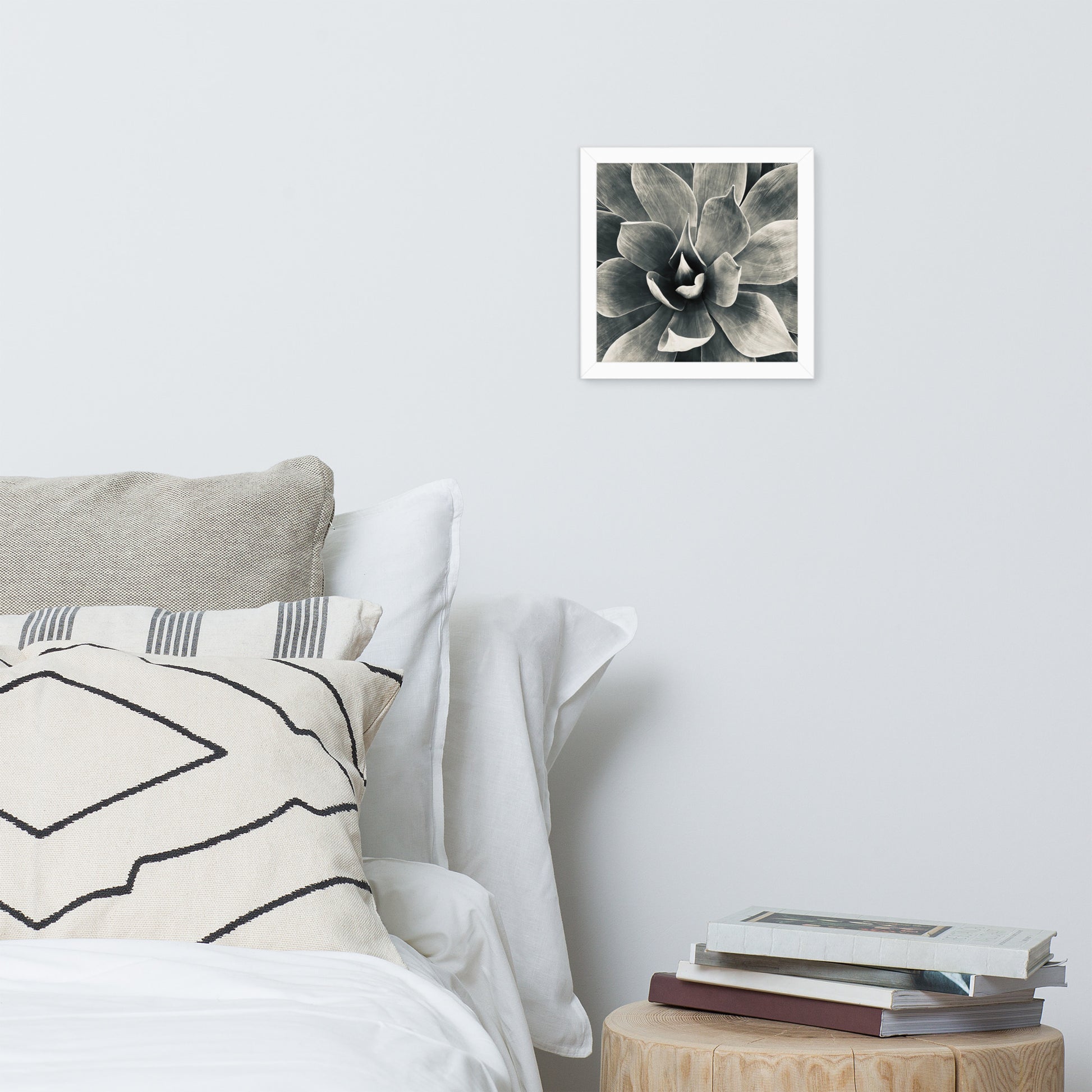 Framed white agave photo poster with black-and-white succulent flower design